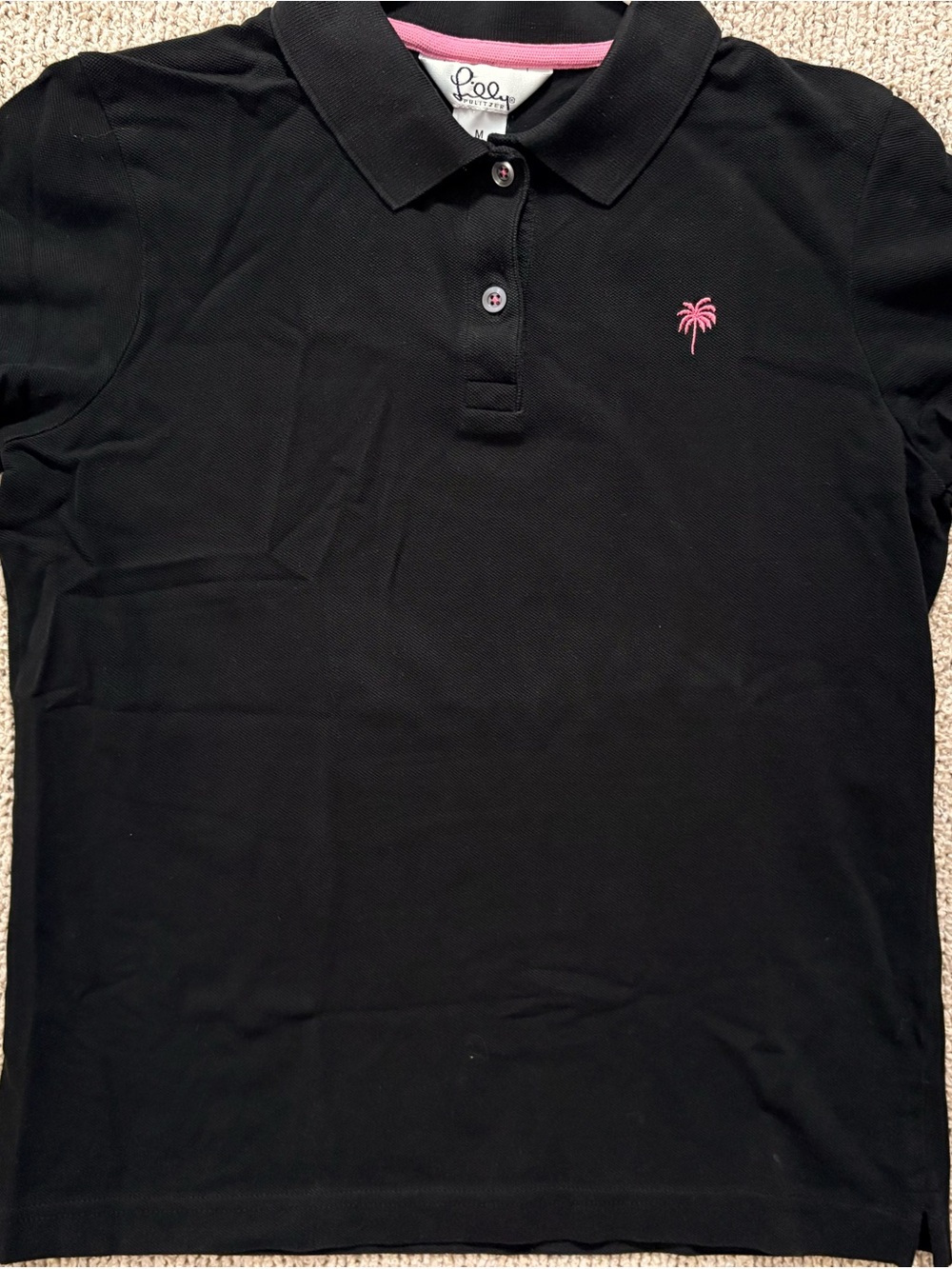 Lilly Pulitzer Black Polo with Pink Palm Embroider